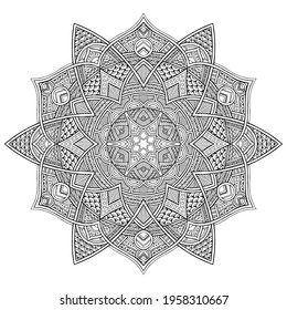 Isolated black round hexagonal floral ornament on a white background. Indian, Arabic, Mexican motifs pattern of fabric, clothing. The illustration is created manually. Vector image of ethnic pattern