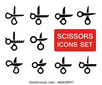 isolated black scissors set with red signboard. hair salon, grooming, stationery industry tools set