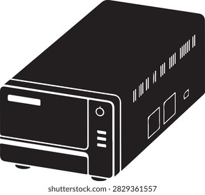 Isolated black server rack illustration featuring network ports and power indicator light