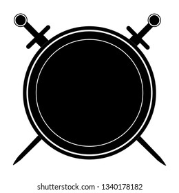 Isolated black shield and two swords on white background. Vector illustration of shield and swords. Emblem, symbol, shield icon
