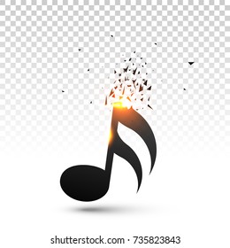 Isolated Black shiny Music note on Transparent background with bursting and lens flare effect .