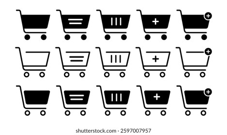 Isolated Black Shopping cart vector icon set, Marketing, Purchase, Buy, Business graphic elements symbol in Mdern minimal style, E-commerce sign and illustration (Ediitable)