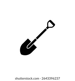 Isolated black shovel icon features a short handle with a curved grip and a wide blade, used for digging, construction and gardening. Vector illustration.
