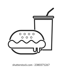 Isolated black sign for food and beverage, restaurant with icon of hamburger, cheesebudger, burger white sesame, vegetable, and melting sauce and bottle glass straw