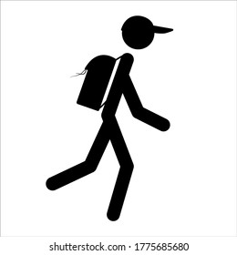 Isolated black sign of person with cap and backpack. Go hiking into nature. Simply icon for maps and traveling app.