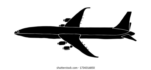 Isolated black silhouette airplane for the delivery of goods and people. Vector doodle style.