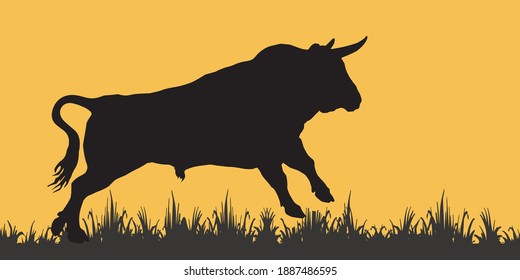 isolated black silhouette of an attacking running bull,  elements for design and decoration