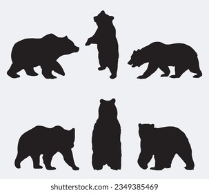 isolated black silhouette of a bear , vector collection	