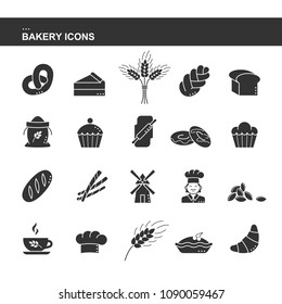 Isolated black silhouette collection icon of croissant bread, cake, ear wheat, chef, mill, cup, cupcake, pretzel, sack flour, challah, sheaf, cap cook, rolling pin, doughnut toast. Set of bakery icon.