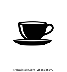 Isolated black silhouette design features a coffee cup atop a saucer, presented with a transparent backdrop, ideal for versatile design applications.