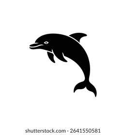 An isolated black silhouette of a dolphin poised in mid-jump against a white backdrop, capturing a clean, simplistic yet dynamic illustration of the marine mammal.