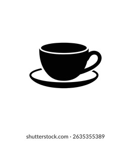 Isolated black silhouette drawing of a coffee cup with handle sitting atop a saucer on a white background. Drinkware, breakfast, vector art.
