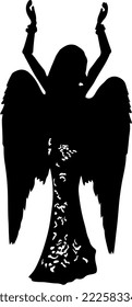 Isolated Black Silhouette of A Female Angel Spreading Wings