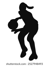 Isolated black silhouette female basketball player shooting basketball. Female volleyball player silhouette isolated on white background. Women professional basketball player silhouette.