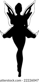 Isolated black silhouette of a female fairy with wings and a wand 