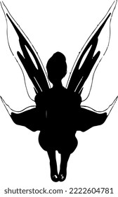 Isolated black silhouette of a female fairy with wings and a wand 