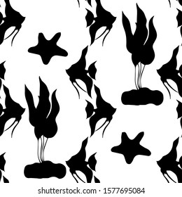 Isolated black silhouette of fish, plants and starfish - vector illustration. Hand-drawn seamless pattern. Can be used on wrapping paper, fabric, background for different images, etc.