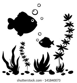 Isolated black silhouette  fishes, plants and shells - vector