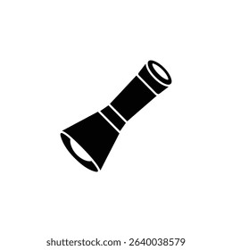 An isolated black silhouette of a flashlight tool used to provide artificial light and illumination in dark conditions. A vector illustration against a white background.