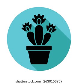 An isolated black silhouette of a flowering cactus in a pot, set against a circular turquoise background. The image has a long shadow effect emphasizing the cactus' shape.