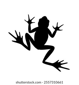 Isolated black silhouette of frog on white background. Black flat cartoon toad. Top view.