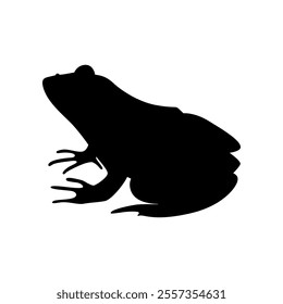 Isolated black silhouette of frog on white background. Black flat cartoon toad. Side view.