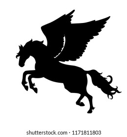 Isolated black silhouette galloping, jumping pegasus on white background. Side view of horse with wings
