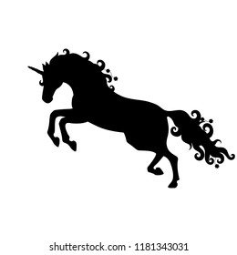 Isolated black silhouette of galloping, jumping unicorn on white background. Side view. 