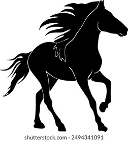 Isolated black silhouette of a galloping, jumping horse on a white background. Side view. Handmade without artificial intelligence