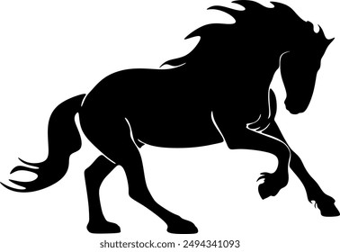 Isolated black silhouette of a galloping, jumping horse on a white background. Side view. Handmade without artificial intelligence