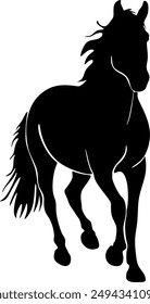 Isolated black silhouette of a galloping, jumping horse on a white background. Side view. Handmade without artificial intelligence