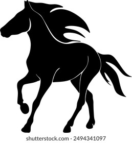 Isolated black silhouette of a galloping, jumping horse on a white background. Side view. Handmade without artificial intelligence