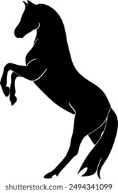 Isolated black silhouette of a galloping, jumping horse on a white background. Side view. Handmade without artificial intelligence