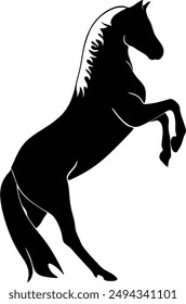 Isolated black silhouette of a galloping, jumping horse on a white background. Side view. Handmade without artificial intelligence