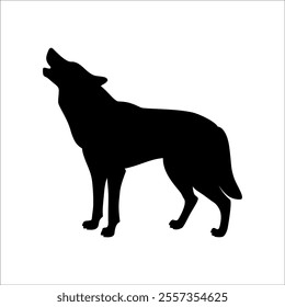 Isolated black silhouette of howling wolf on white background. Black flat cartoon wolf. Side view.