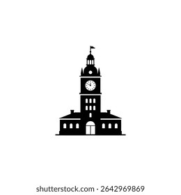 Isolated black silhouette illustration showing a clock tower building featuring a clock, windows, entryway, and a flag atop its tower against a clean white backdrop.