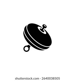 Isolated black silhouette illustration shows an old-fashioned, vintage spinning top toy for children, featuring a rounded body and pull string element.