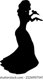 Isolated Black Silhouette of A Jazz Singer Holding Microphone and Wearing Long Dress