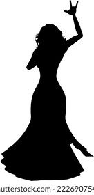 Isolated Black Silhouette of A Jazz Singer Holding Microphone and Wearing Long Dress