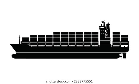 isolated black silhouette of a large container cargo ship representing global shipping logistics and international maritime trade