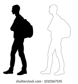 isolated black silhouette man with backpack