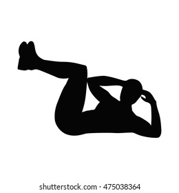Isolated black silhouette of a man doing crunches on white background. Reverse crunches exercise. Healthy lifestyle.