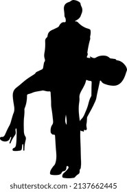 Isolated Black Silhouette Of A Man Lifting A Woman's Dead Body. Editable Vector Graphic.