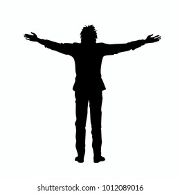 Isolated black silhouette of man with raised open arms outstretched, on white background. Front or back view. Contour outline style. Vector illustration