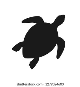 Isolated black silhouette of marine green turtle on white background. Top view. View from above.