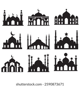 isolated black silhouette of a mosques collection, black silhouette mosque vector illustration