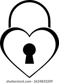 An isolated black silhouette of a padlock in the shape of a heart. It signifies love, security, and protection on a clean white backdrop.