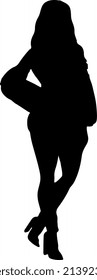 Isolated Black Silhouette of A Pretty Stylish Woman with Curly Hair Standing Doing A Pose. Editable vector graphic.