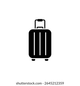 An isolated black silhouette of a rolling suitcase with handle extended. The suitcase has a hard shell and is ready for travel and vacation adventures.