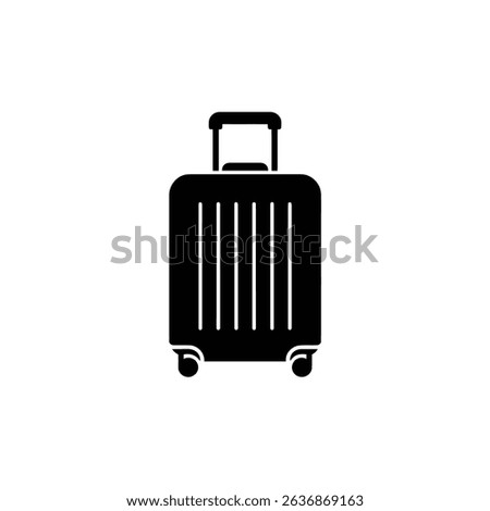Isolated black silhouette of a rolling suitcase with vertical stripes, a retractable handle, and four wheels, perfect for travel, luggage, and vacation themes.